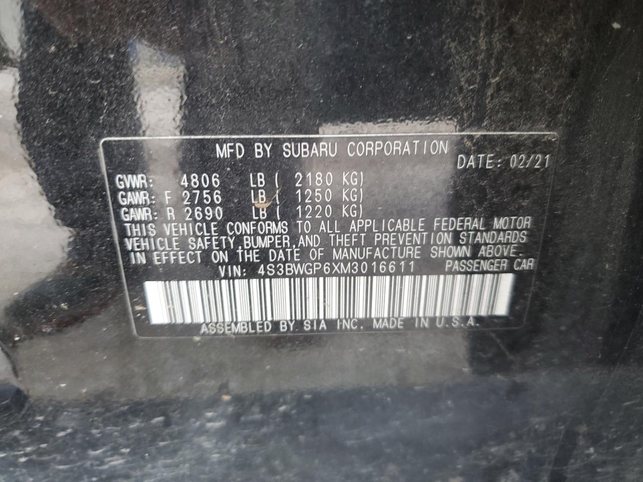 2021 Subaru Legacy Touring Xt VIN: 4S3BWGP6XM3016611 Lot: 58552485