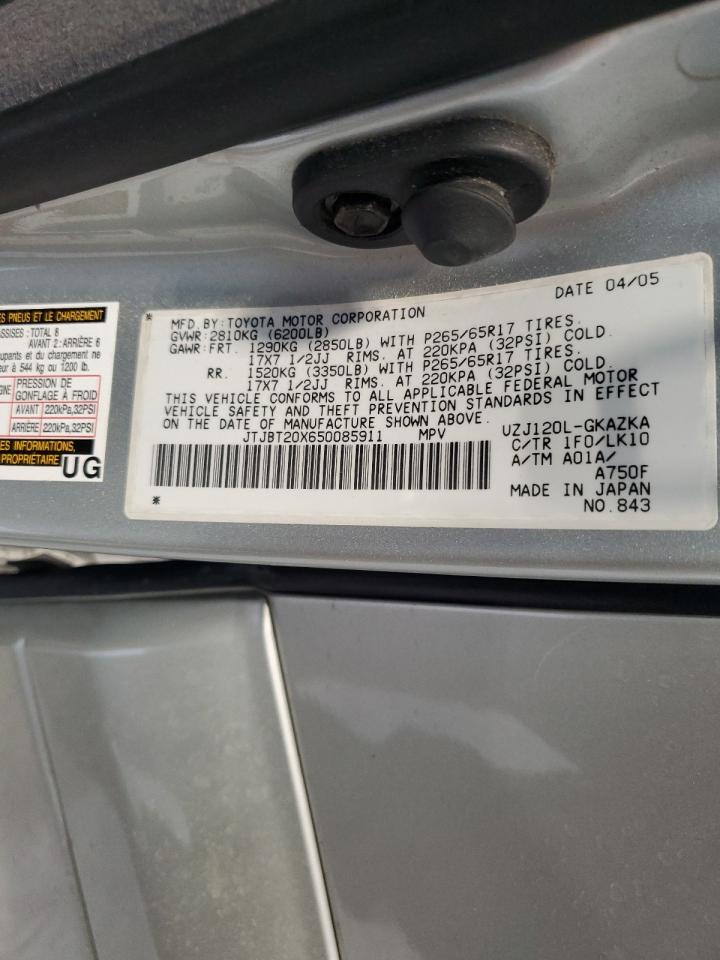2005 Lexus Gx 470 VIN: JTJBT20X650085911 Lot: 56536165