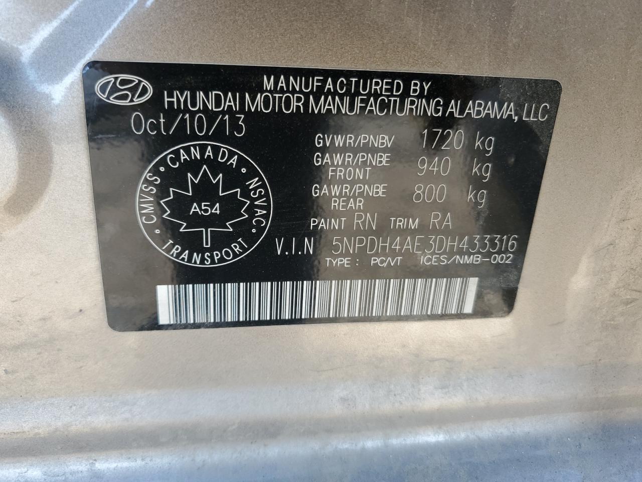 2013 Hyundai Elantra Gls VIN: 5NPDH4AE3DH433316 Lot: 58578135