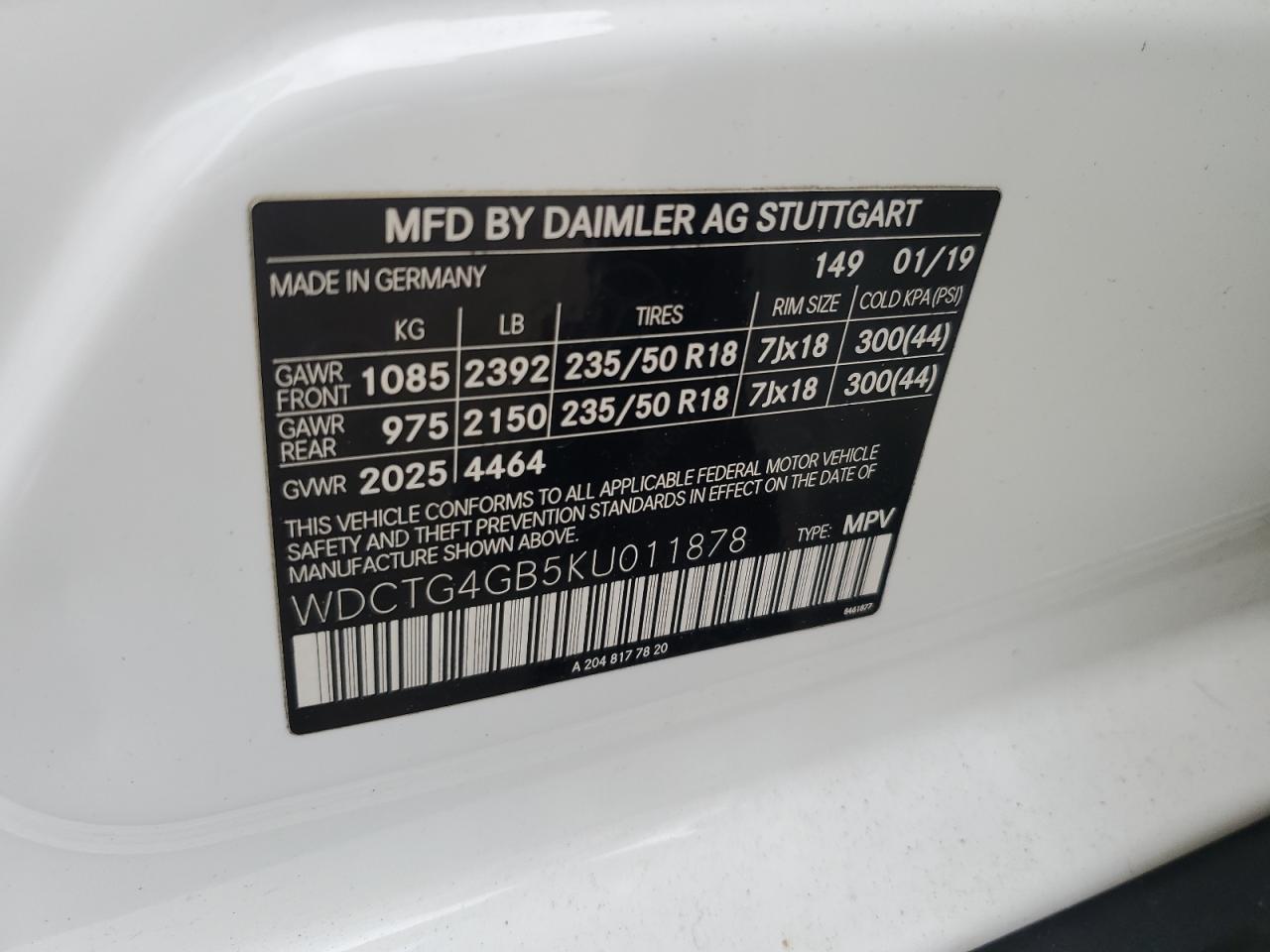 2019 Mercedes-Benz Gla 250 4Matic VIN: WDCTG4GB5KU011878 Lot: 56302735