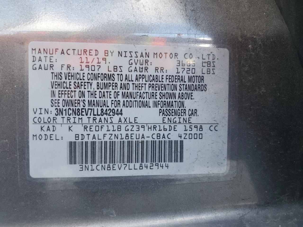 2020 Nissan Versa Sv VIN: 3N1CN8EV7LL842944 Lot: 57096475