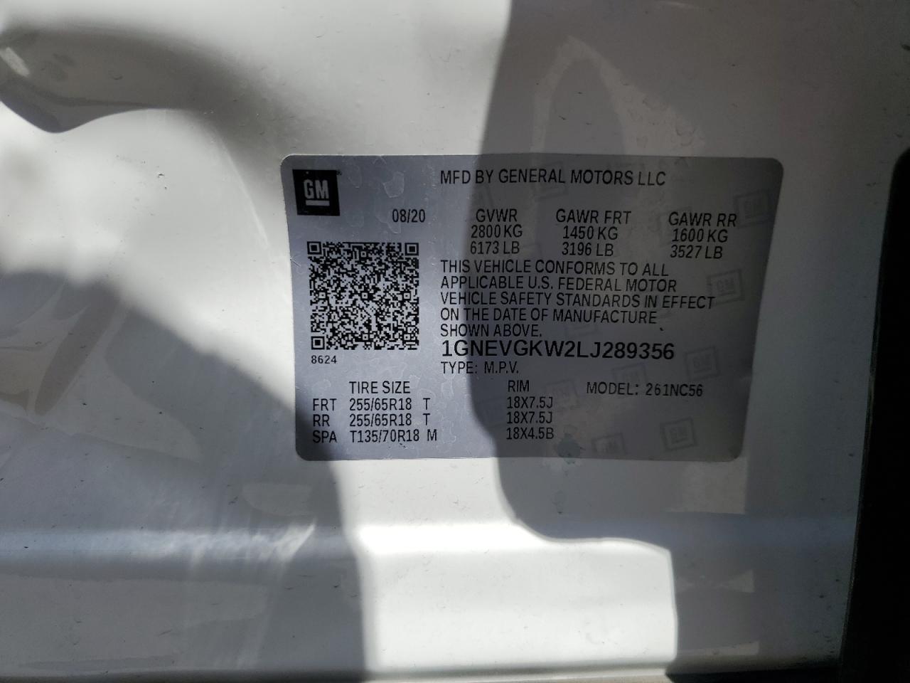 2020 Chevrolet Traverse Lt VIN: 1GNEVGKW2LJ289356 Lot: 57358875
