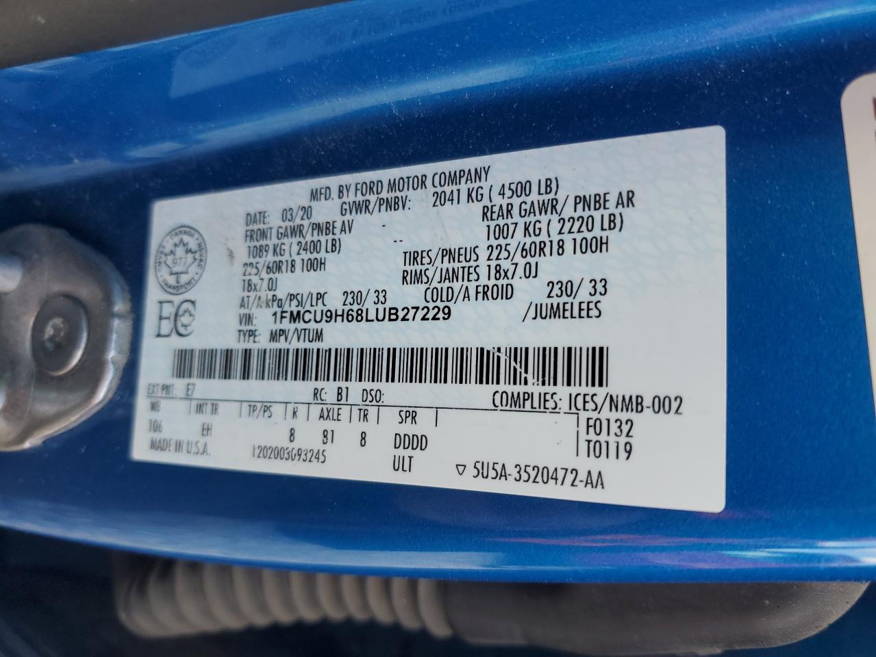 2020 Ford Escape Sel VIN: 1FMCU9H68LUB27229 Lot: 58032445