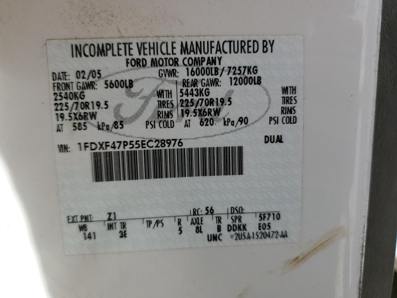 2005 Ford F450 Super Duty VIN: 1FDXF47P55EC28976 Lot: 56196685