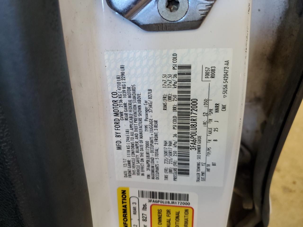 2018 Ford Fusion Se Hybrid VIN: 3FA6P0LU8JR172000 Lot: 54027995