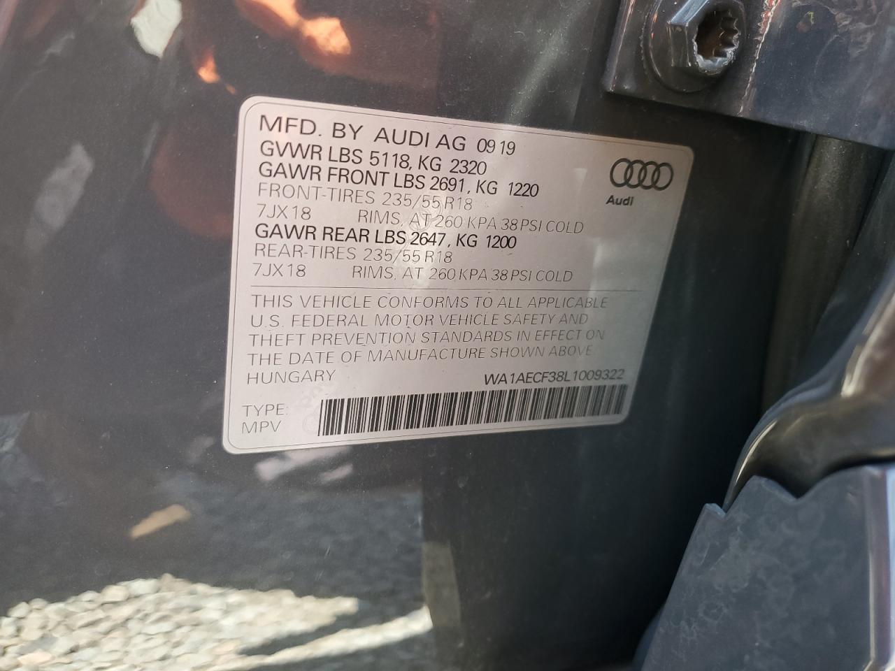 2020 Audi Q3 Premium VIN: WA1AECF38L1009322 Lot: 56229865