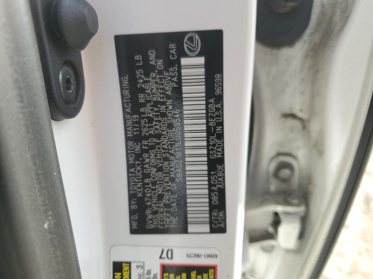 2020 Lexus Es 350 VIN: 58ADZ1B11LU059546 Lot: 57205825