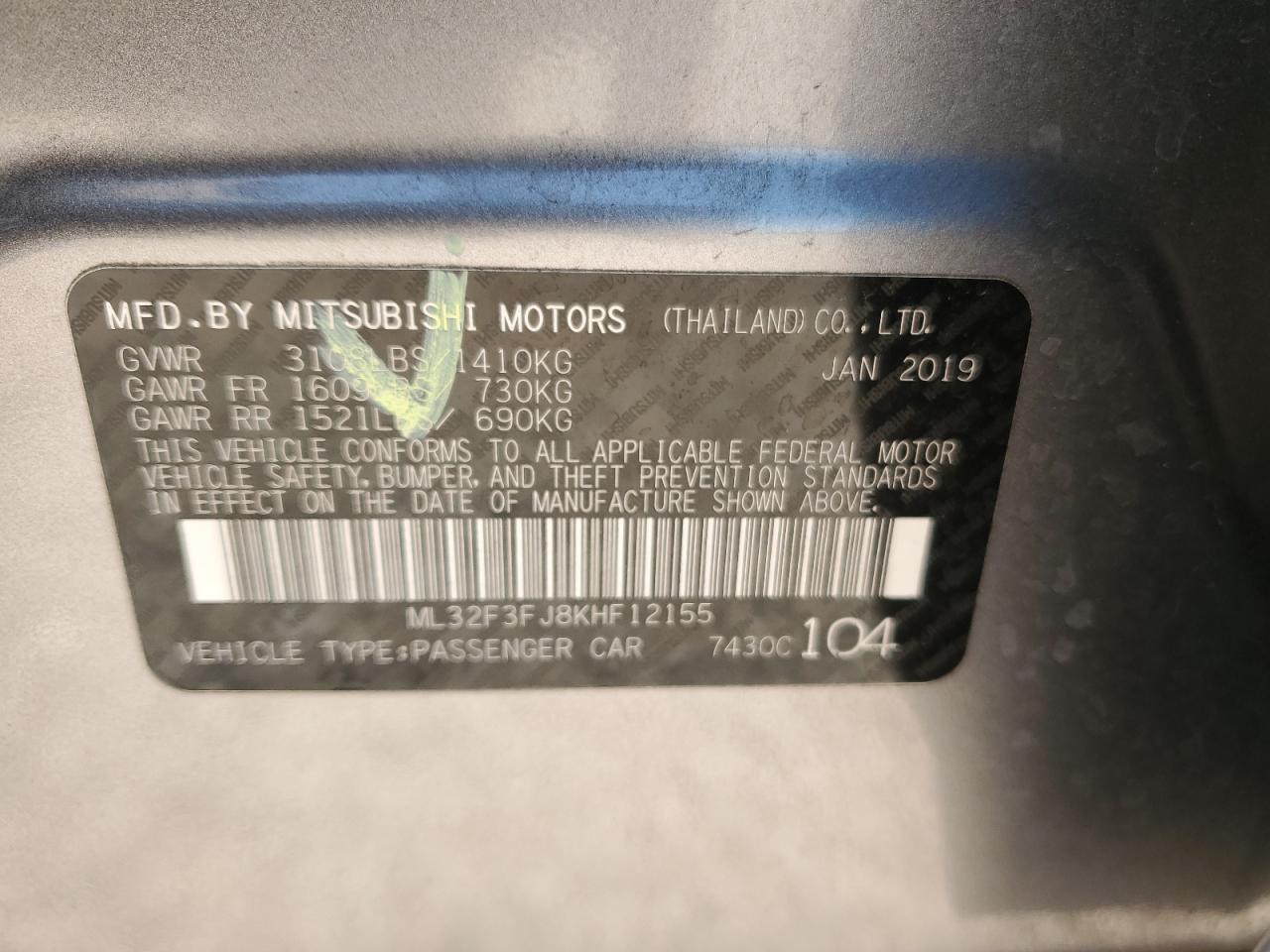 2019 Mitsubishi Mirage G4 Es VIN: ML32F3FJ8KHF12155 Lot: 56764025