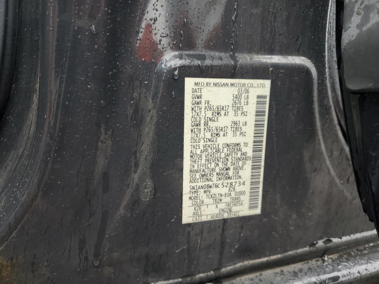2006 Nissan Xterra Off Road VIN: 5N1AN08W76C528734 Lot: 57029755