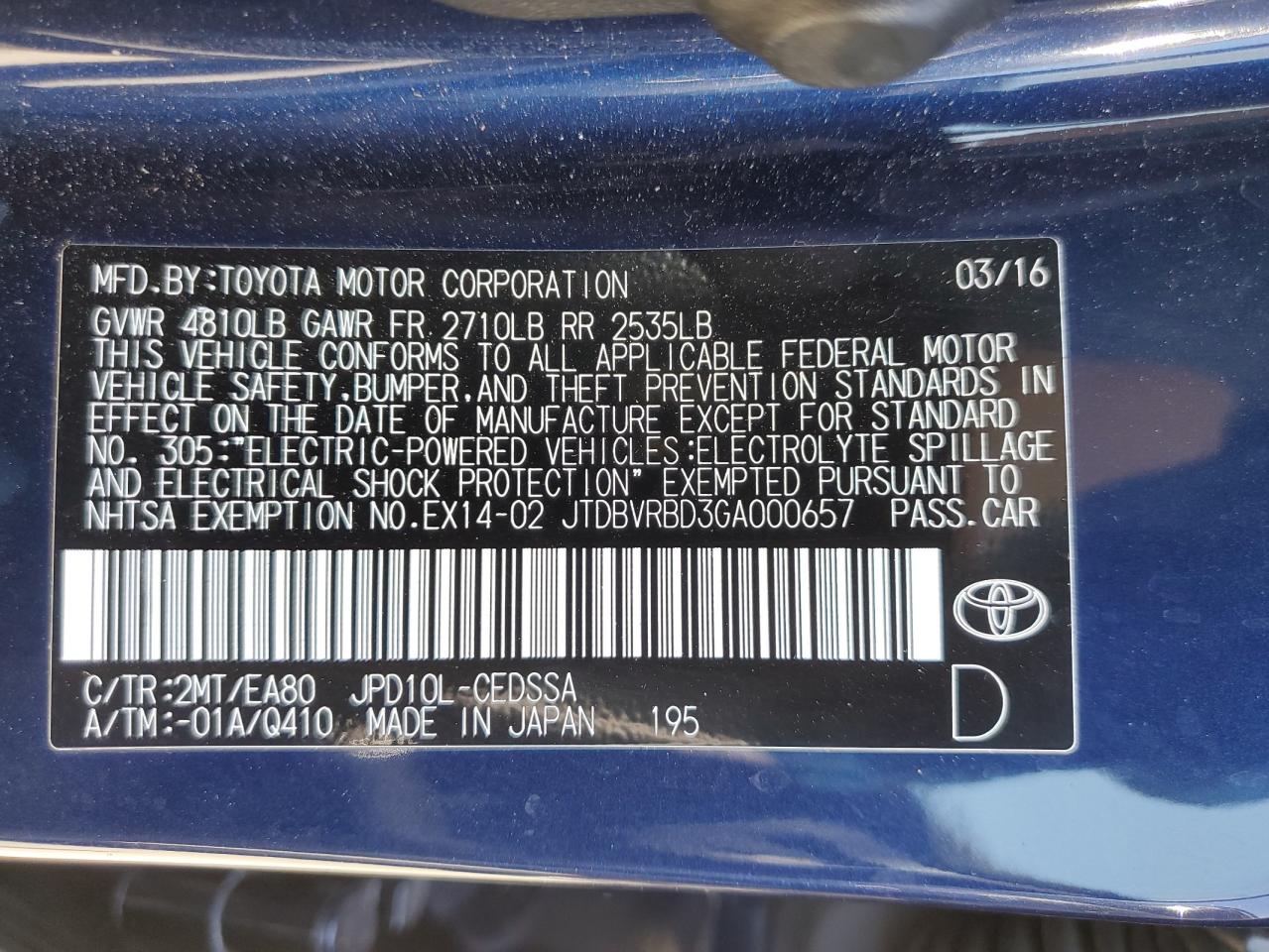 2016 Toyota Mirai VIN: JTDBVRBD3GA000657 Lot: 57149905