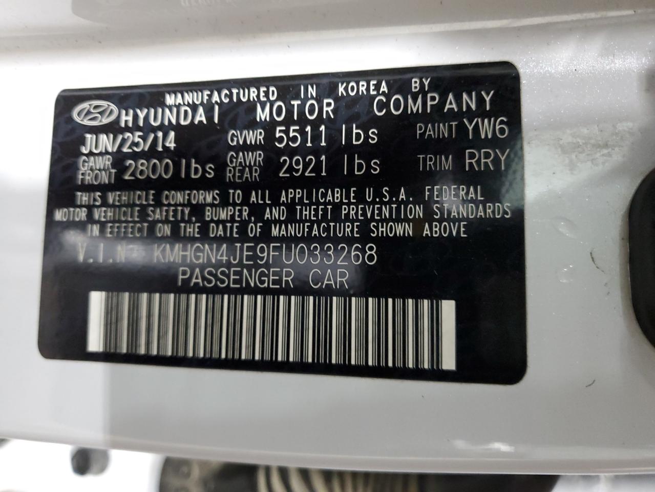 2015 Hyundai Genesis 3.8L VIN: KMHGN4JE9FU033268 Lot: 57321845