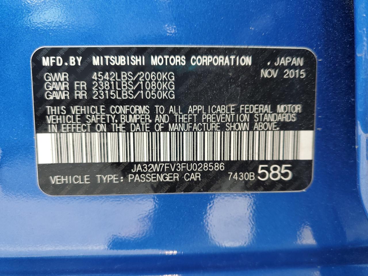2015 Mitsubishi Lancer Evolution VIN: JA32W7FV3FU028586 Lot: 56315375