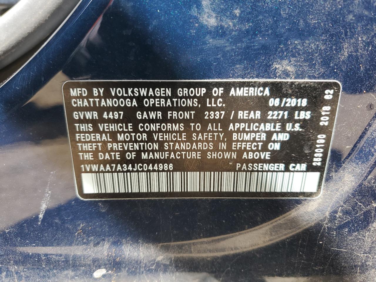 2018 Volkswagen Passat S VIN: 1VWAA7A34JC044986 Lot: 57474265