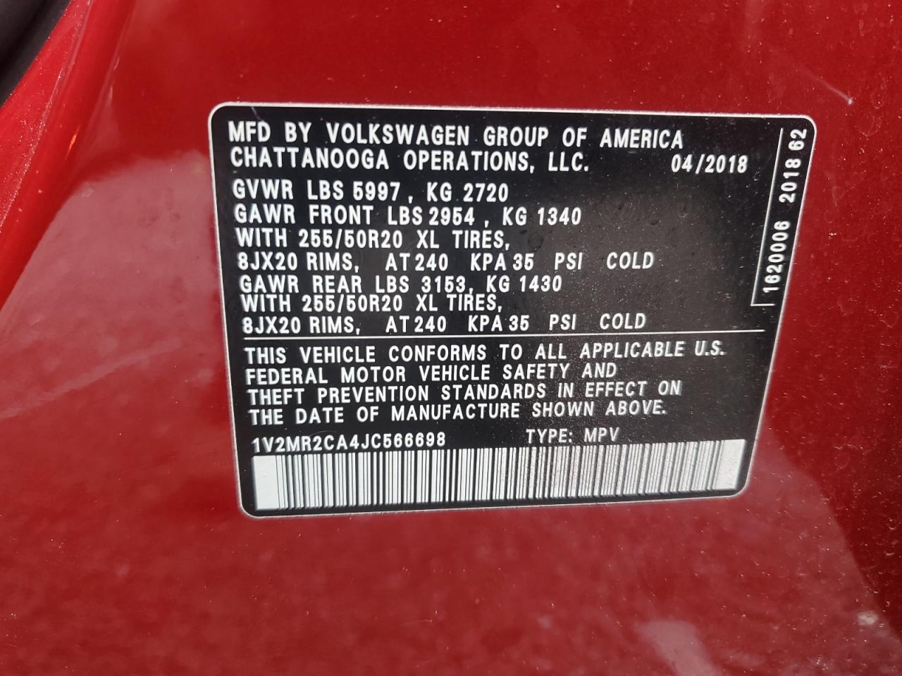 2018 Volkswagen Atlas Sel VIN: 1V2MR2CA4JC566698 Lot: 57026055