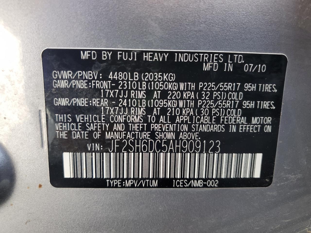 2010 Subaru Forester 2.5X Limited VIN: JF2SH6DC5AH909123 Lot: 56721635