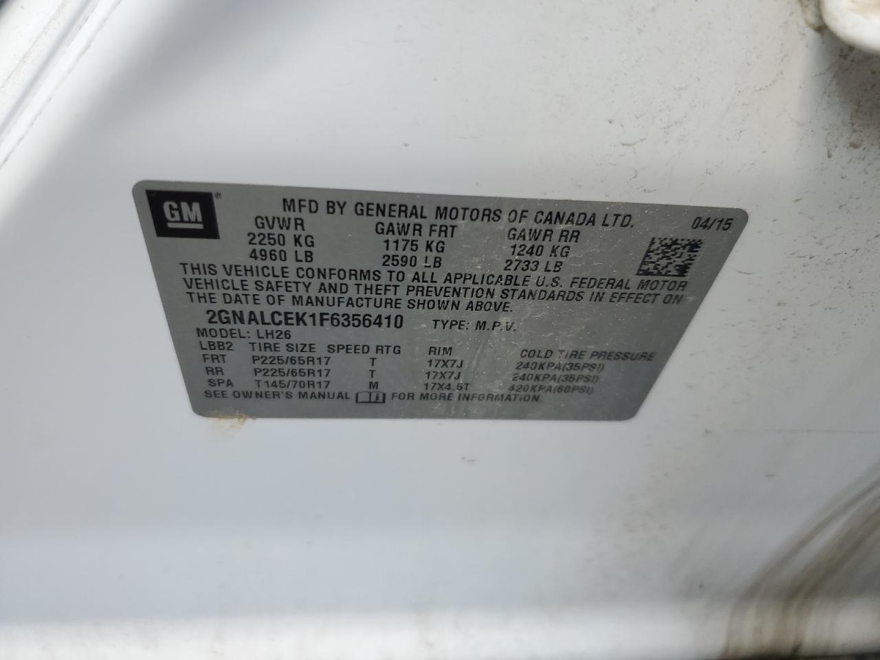 2015 Chevrolet Equinox Lt VIN: 2GNALCEK1F6356410 Lot: 56913215