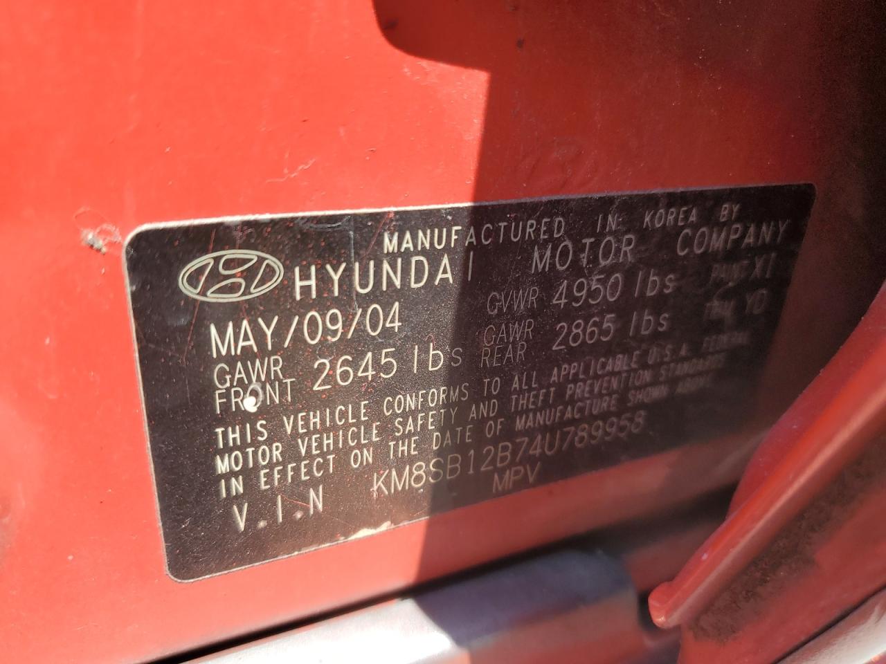 2004 Hyundai Santa Fe Gl VIN: KM8SB12B74U789958 Lot: 57208345