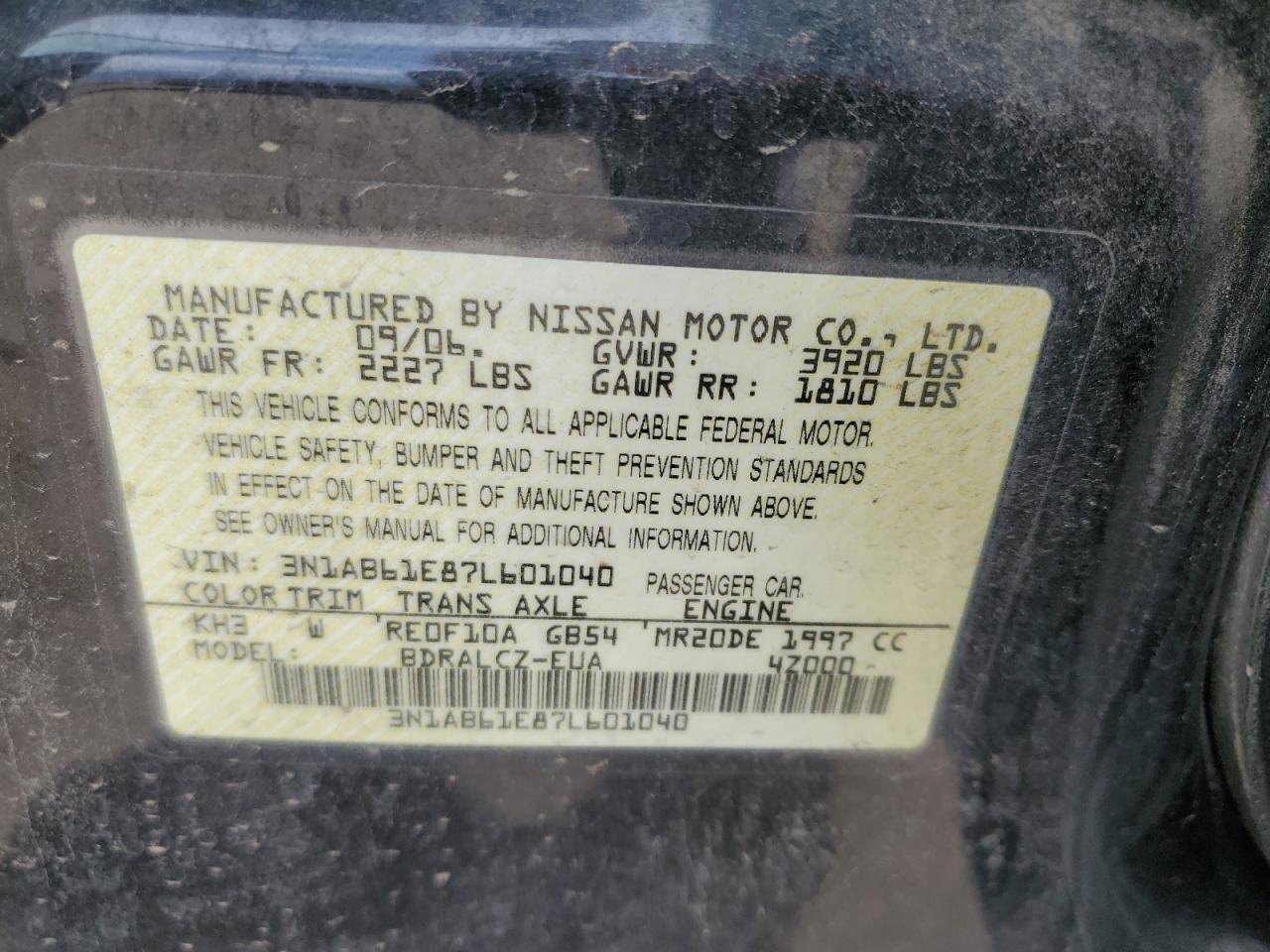 2007 Nissan Sentra 2.0 VIN: 3N1AB61E87L601040 Lot: 55594555