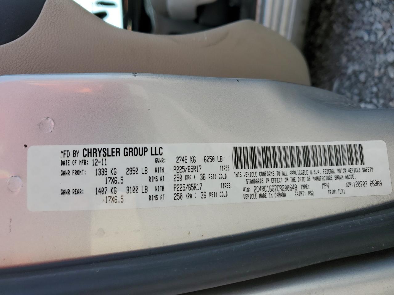 2012 Chrysler Town & Country Limited VIN: 2C4RC1GG7CR200648 Lot: 57144465