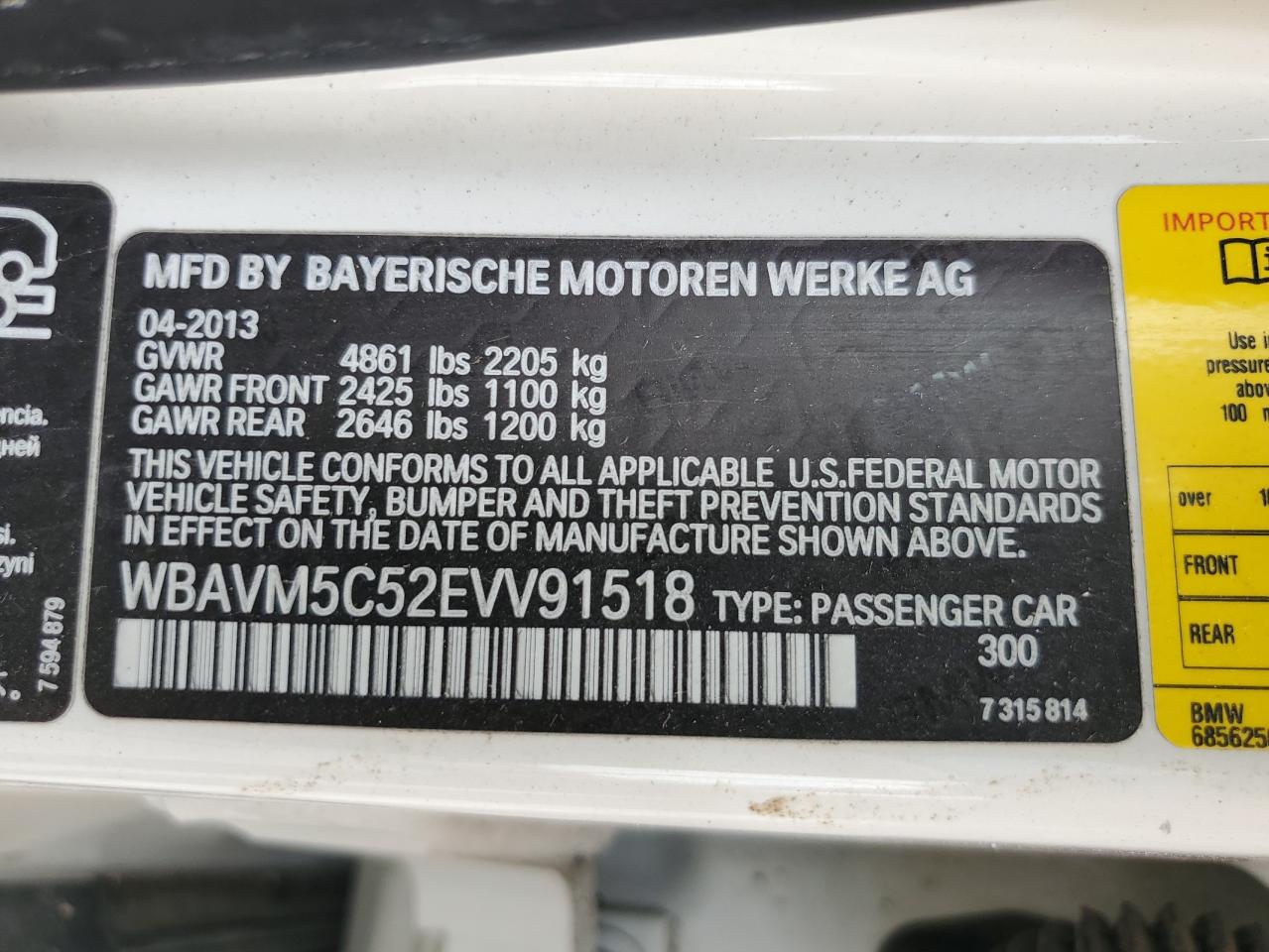 2014 BMW X1 xDrive35I VIN: WBAVM5C52EVV91518 Lot: 57040255