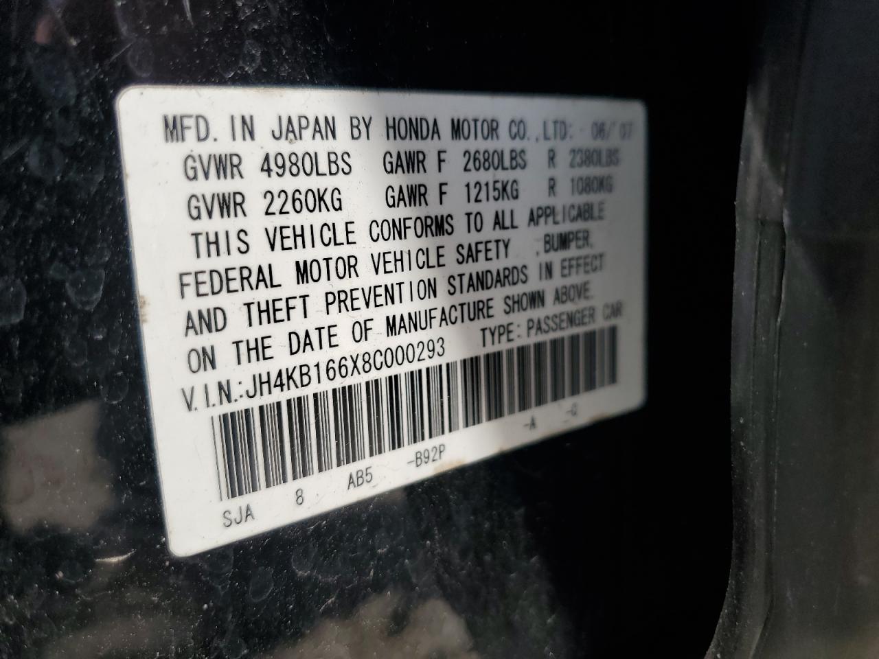 2008 Acura Rl VIN: JH4KB166X8C000293 Lot: 56188505