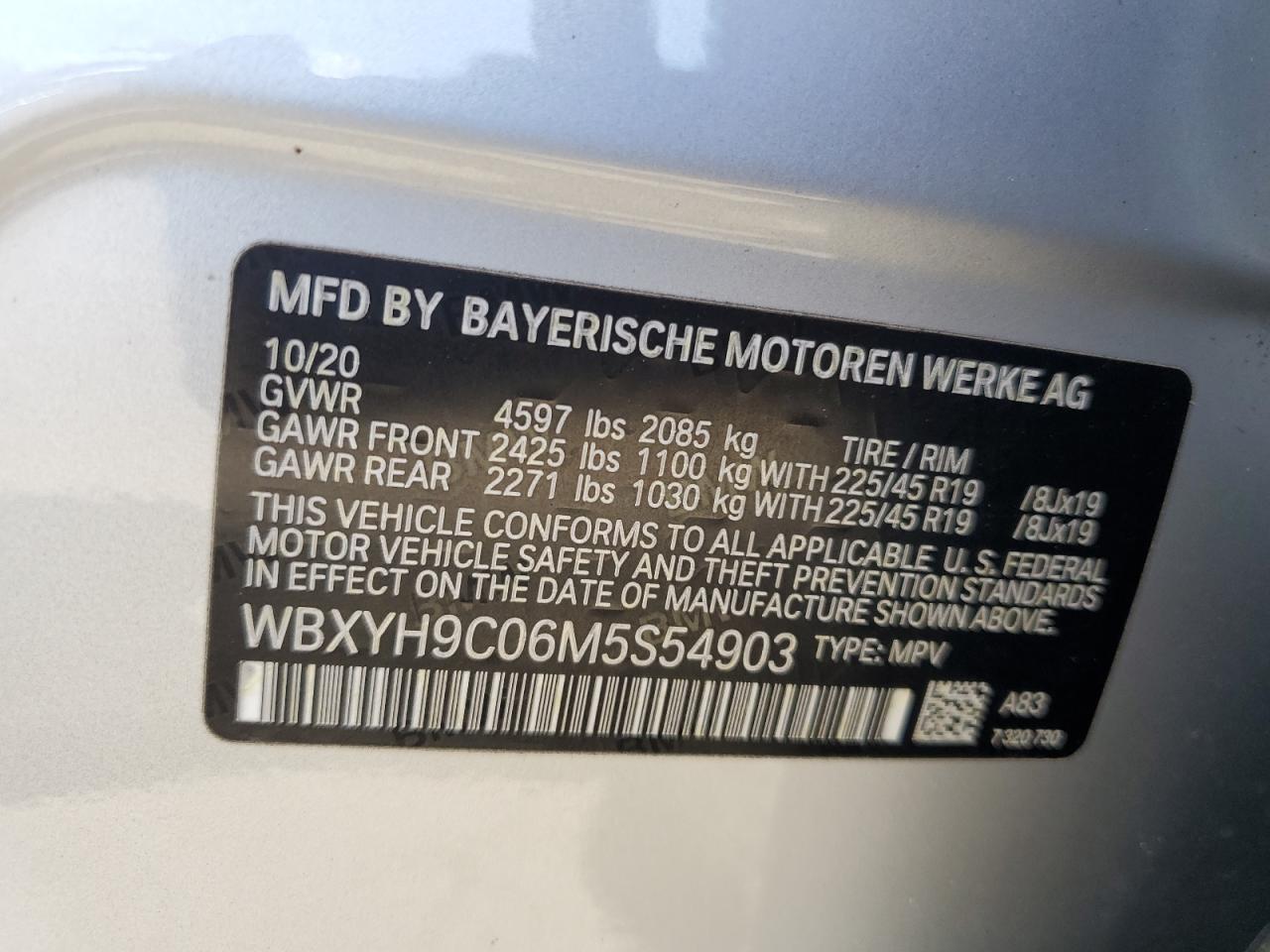 2021 BMW X2 Sdrive28I VIN: WBXYH9C06M5S54903 Lot: 57177885