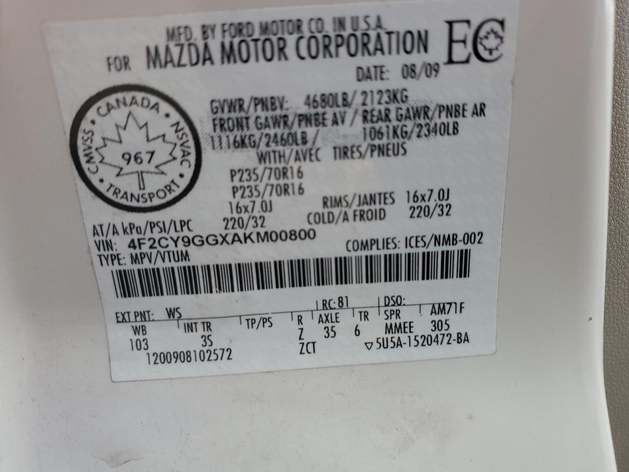 2010 Mazda Tribute S VIN: 4F2CY9GGXAKM00800 Lot: 55945705