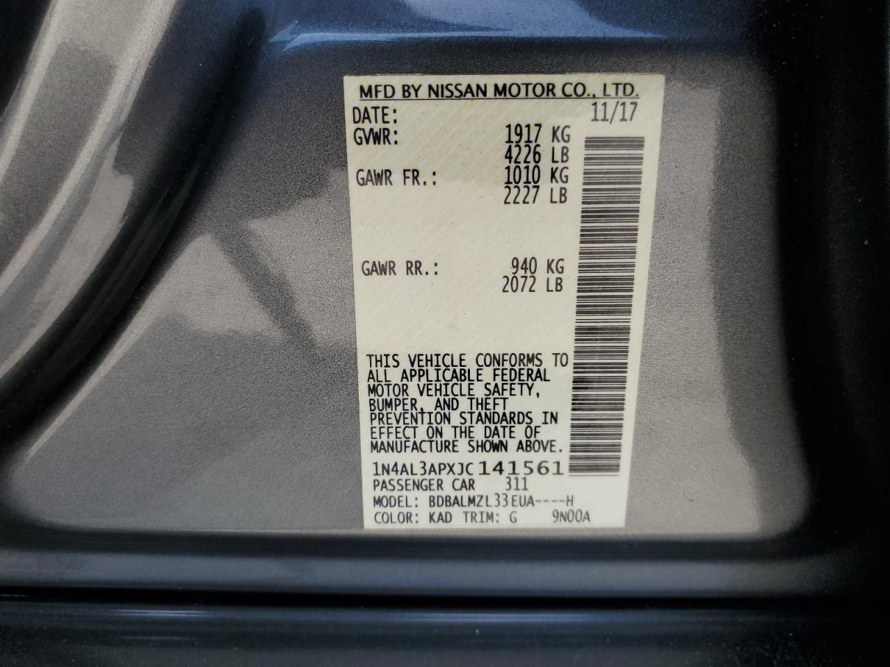2018 Nissan Altima 2.5 VIN: 1N4AL3APXJC141561 Lot: 56291325