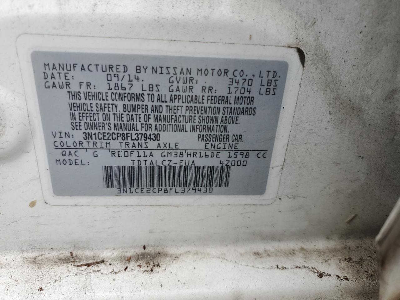 2015 Nissan Versa Note S VIN: 3N1CE2CP8FL379430 Lot: 57141125