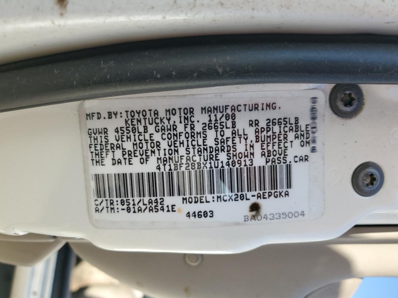 2001 Toyota Avalon Xl VIN: 4T1BF28BX1U140913 Lot: 56253065