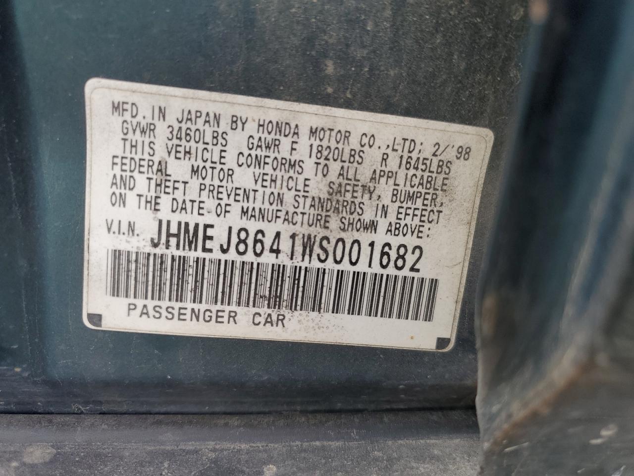 1998 Honda Civic Ex VIN: JHMEJ8641WS001682 Lot: 57437795