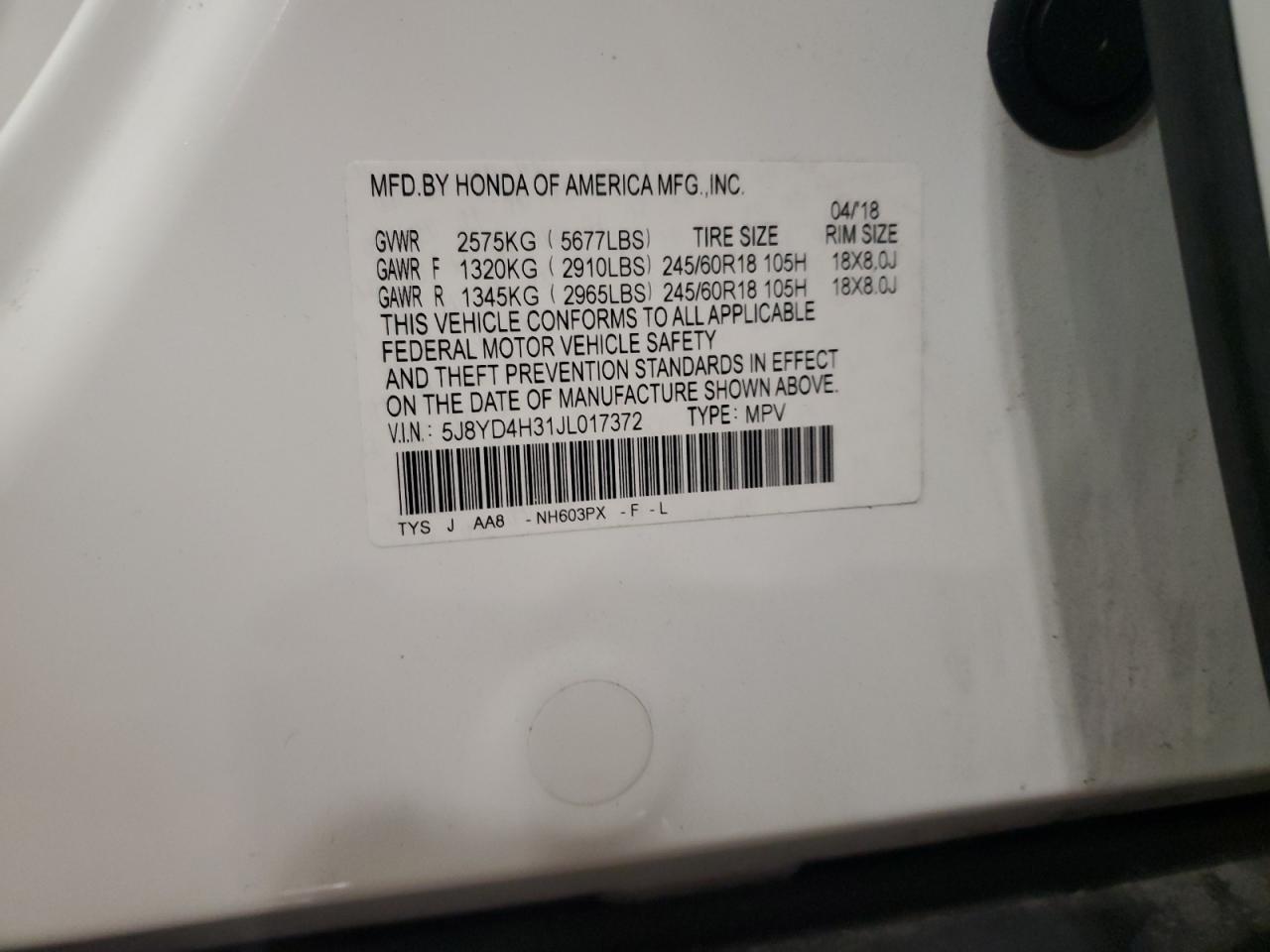 2018 Acura Mdx VIN: 5J8YD4H31JL017372 Lot: 58529265