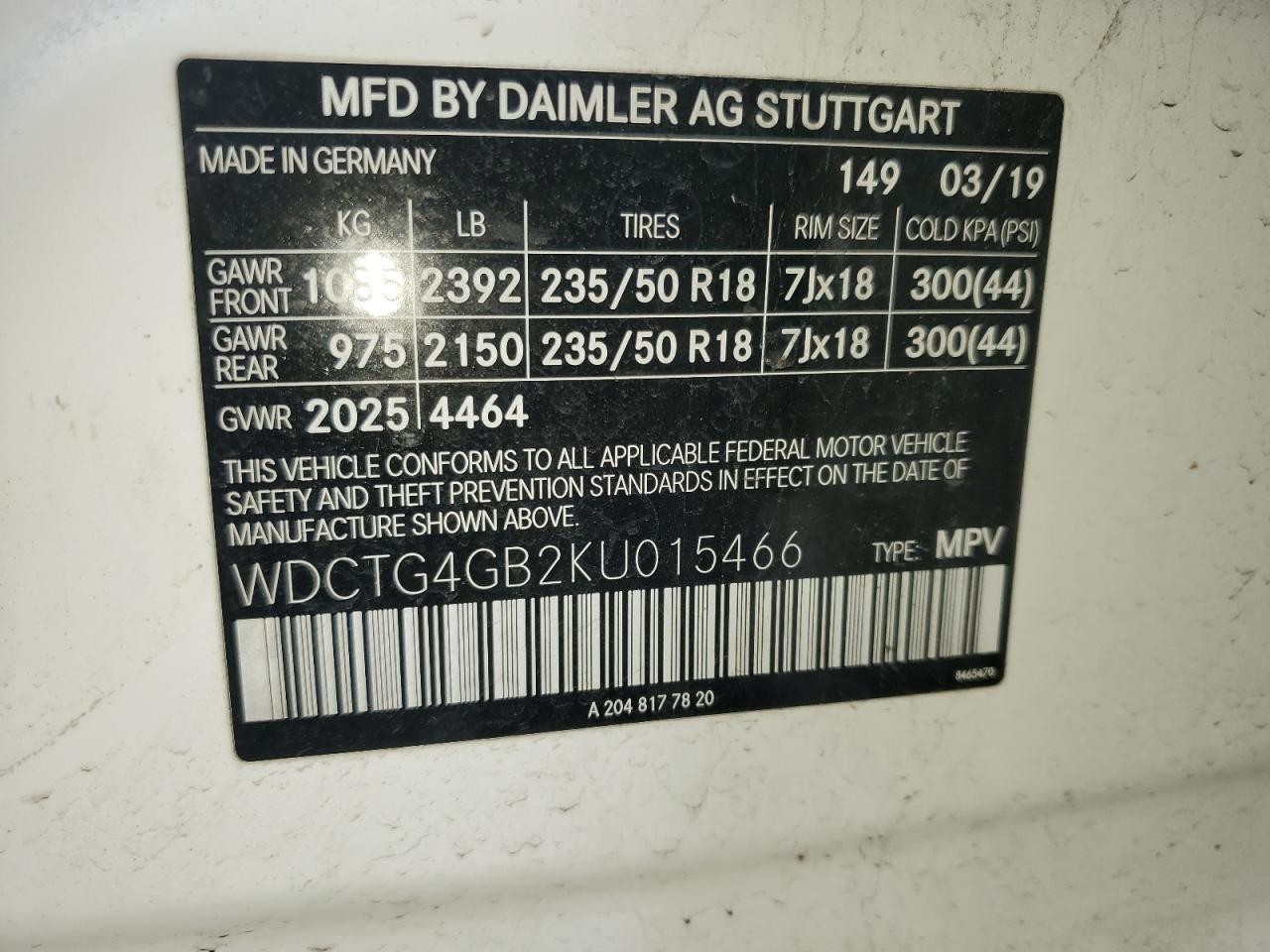 2019 Mercedes-Benz Gla 250 4Matic VIN: WDCTG4GB2KU015466 Lot: 55233705