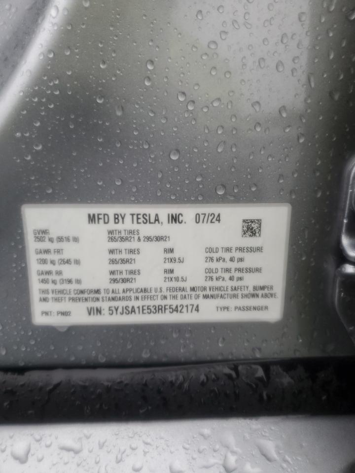 2024 Tesla Model S VIN: 5YJSA1E53RF542174 Lot: 55063885
