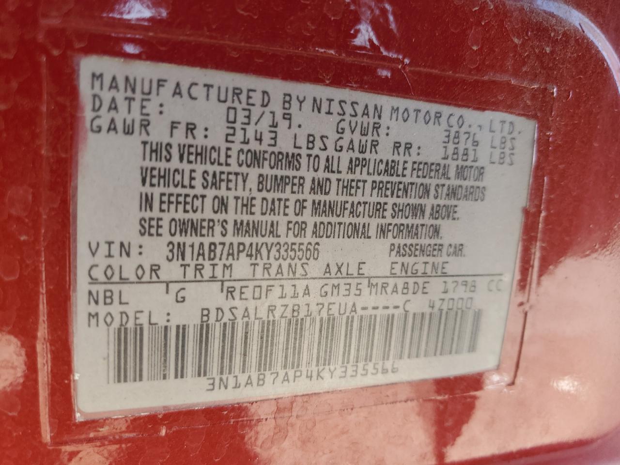 2019 Nissan Sentra S VIN: 3N1AB7AP4KY335566 Lot: 57652655