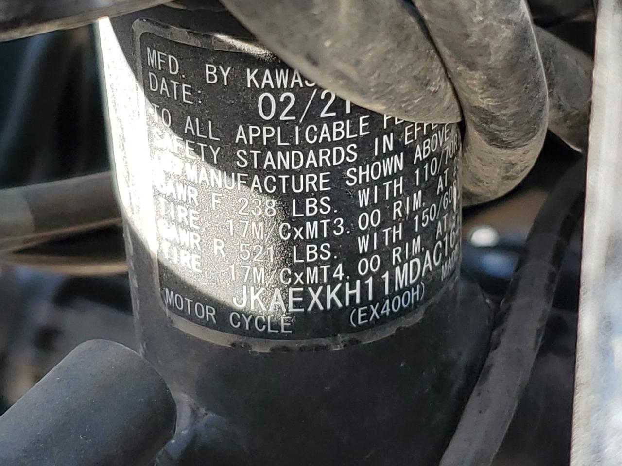 2021 Kawasaki Ex400 VIN: JKAEXKH11MDAC1649 Lot: 56548295