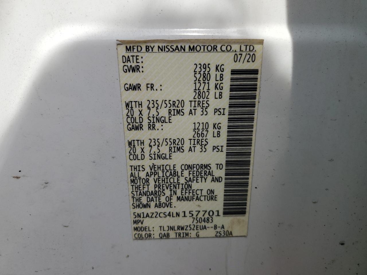 2020 Nissan Murano Sl VIN: 5N1AZ2CS4LN157701 Lot: 56327005