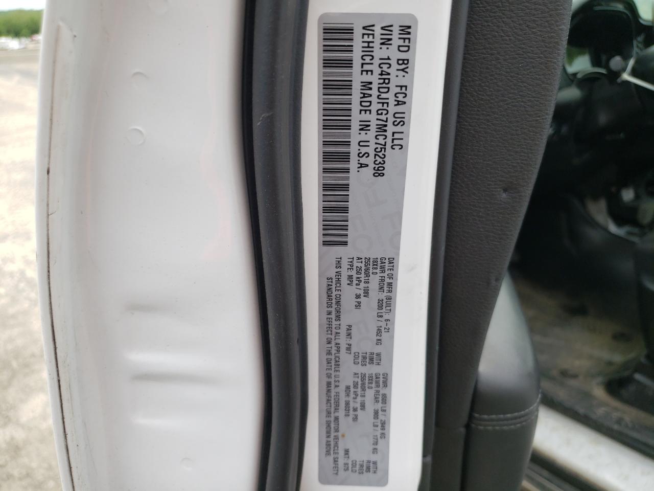 2021 Dodge Durango Pursuit VIN: 1C4RDJFG7MC752398 Lot: 56492425