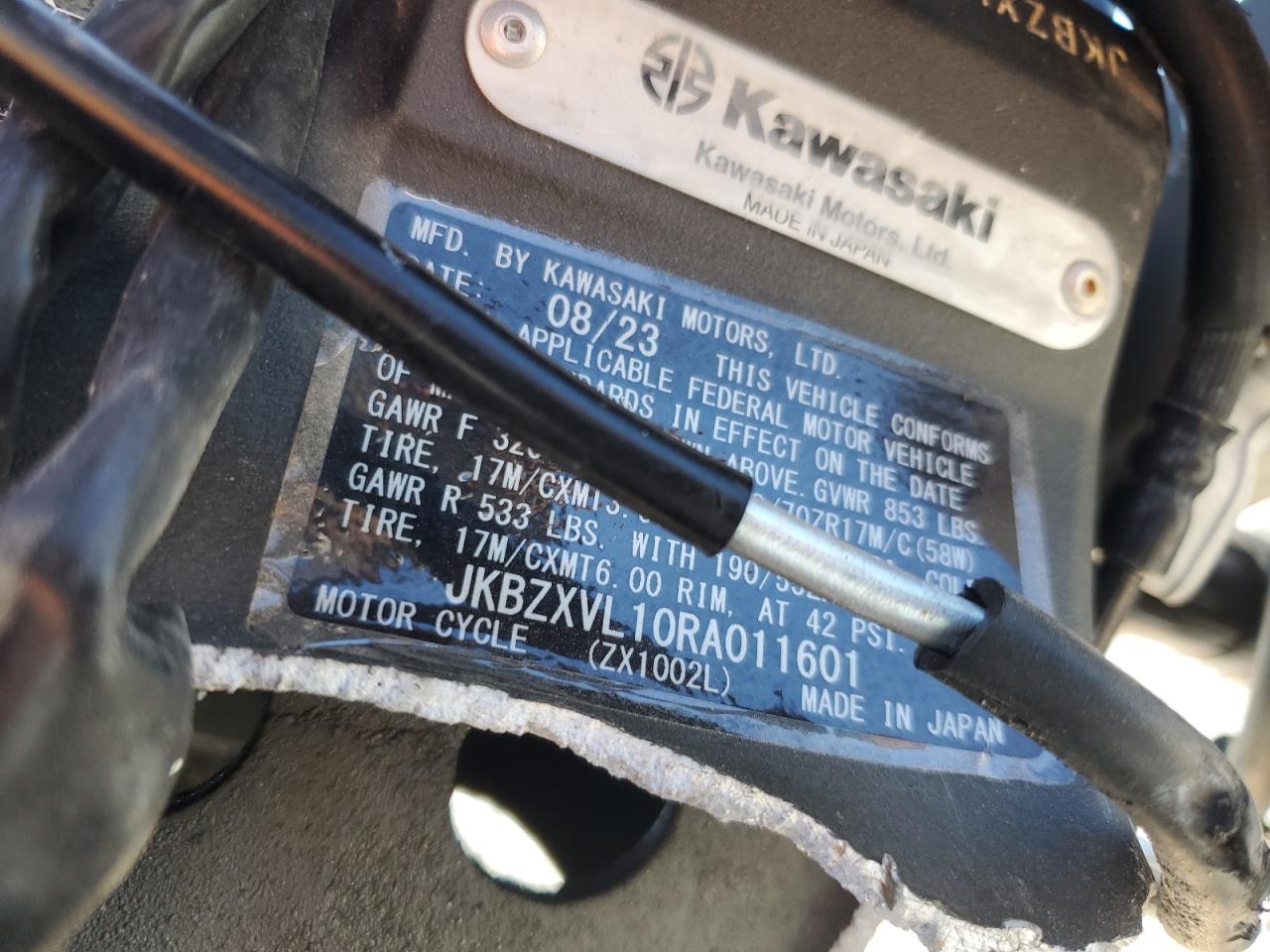 2024 Kawasaki Zx1002 L VIN: JKBZXVL10RA011601 Lot: 58138205