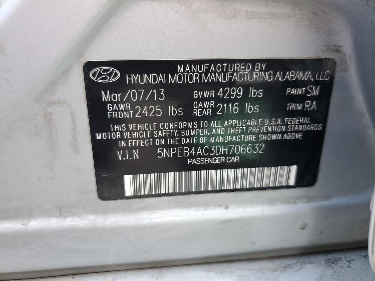 2013 Hyundai Sonata Gls VIN: 5NPEB4AC3DH706632 Lot: 58214425