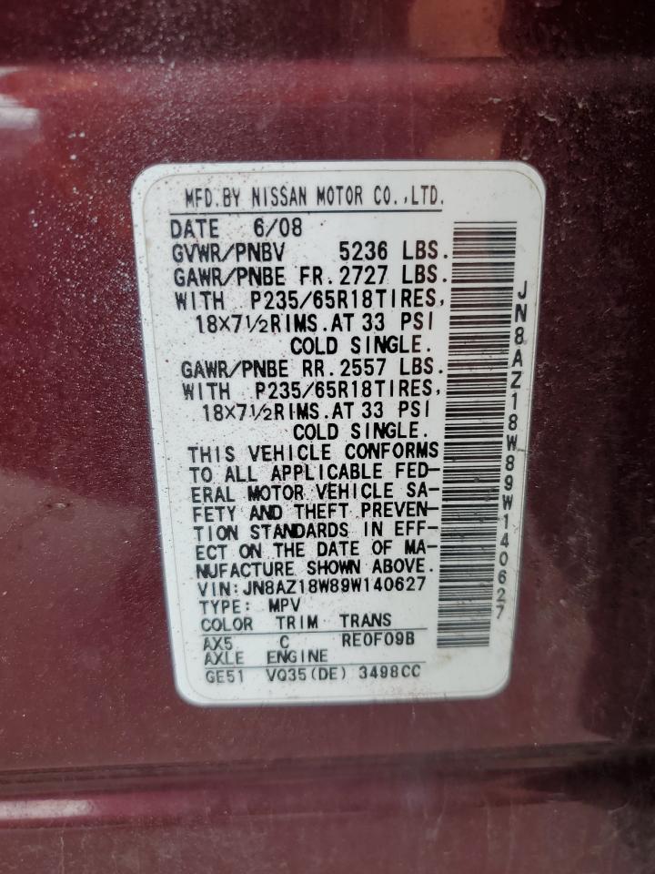 2009 Nissan Murano S VIN: JN8AZ18W89W140627 Lot: 56124295