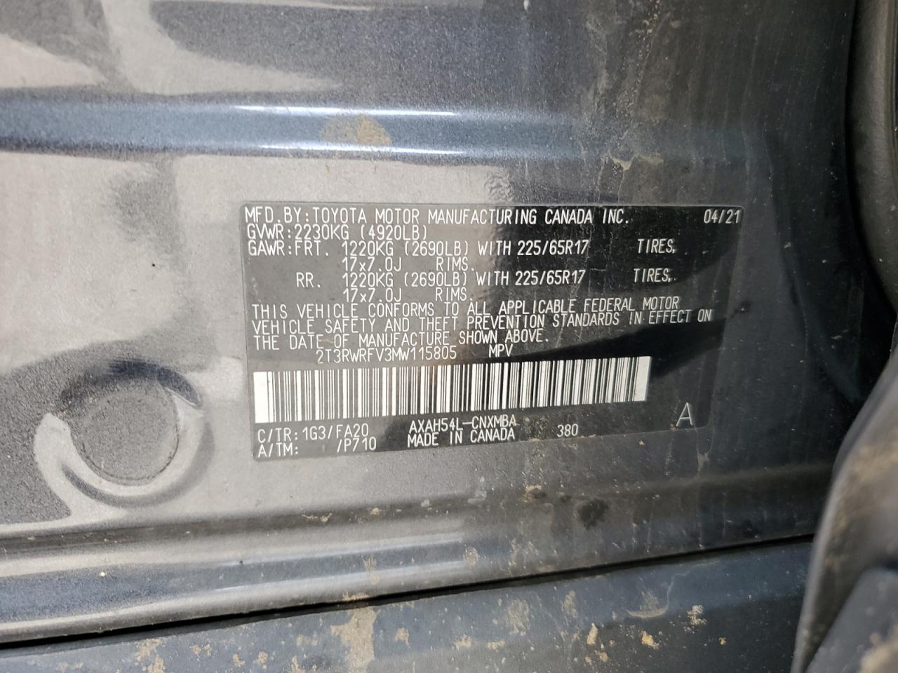 2021 Toyota Rav4 Xle VIN: 2T3RWRFV3MW115805 Lot: 56028125