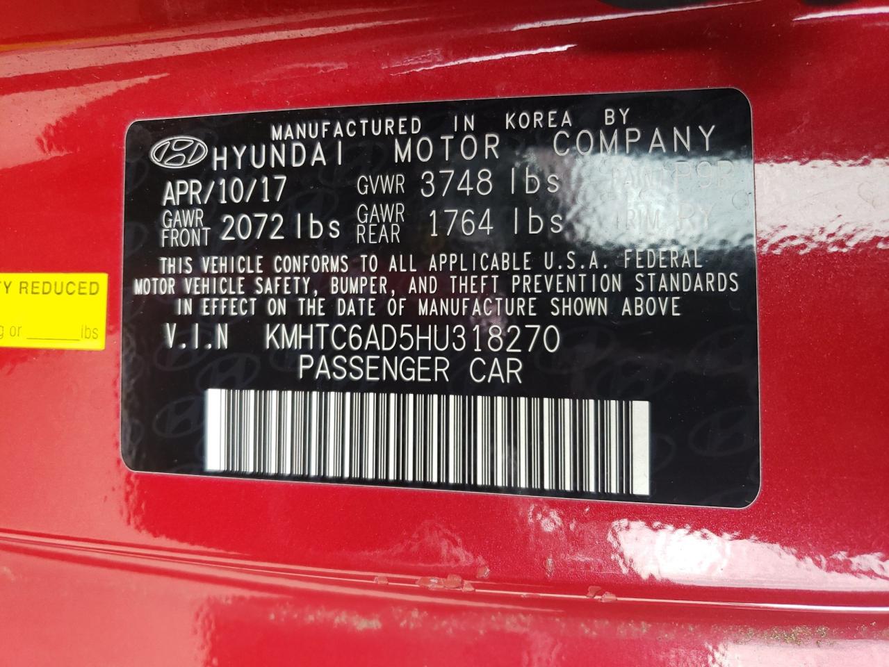 2017 Hyundai Veloster VIN: KMHTC6AD5HU318270 Lot: 58045155