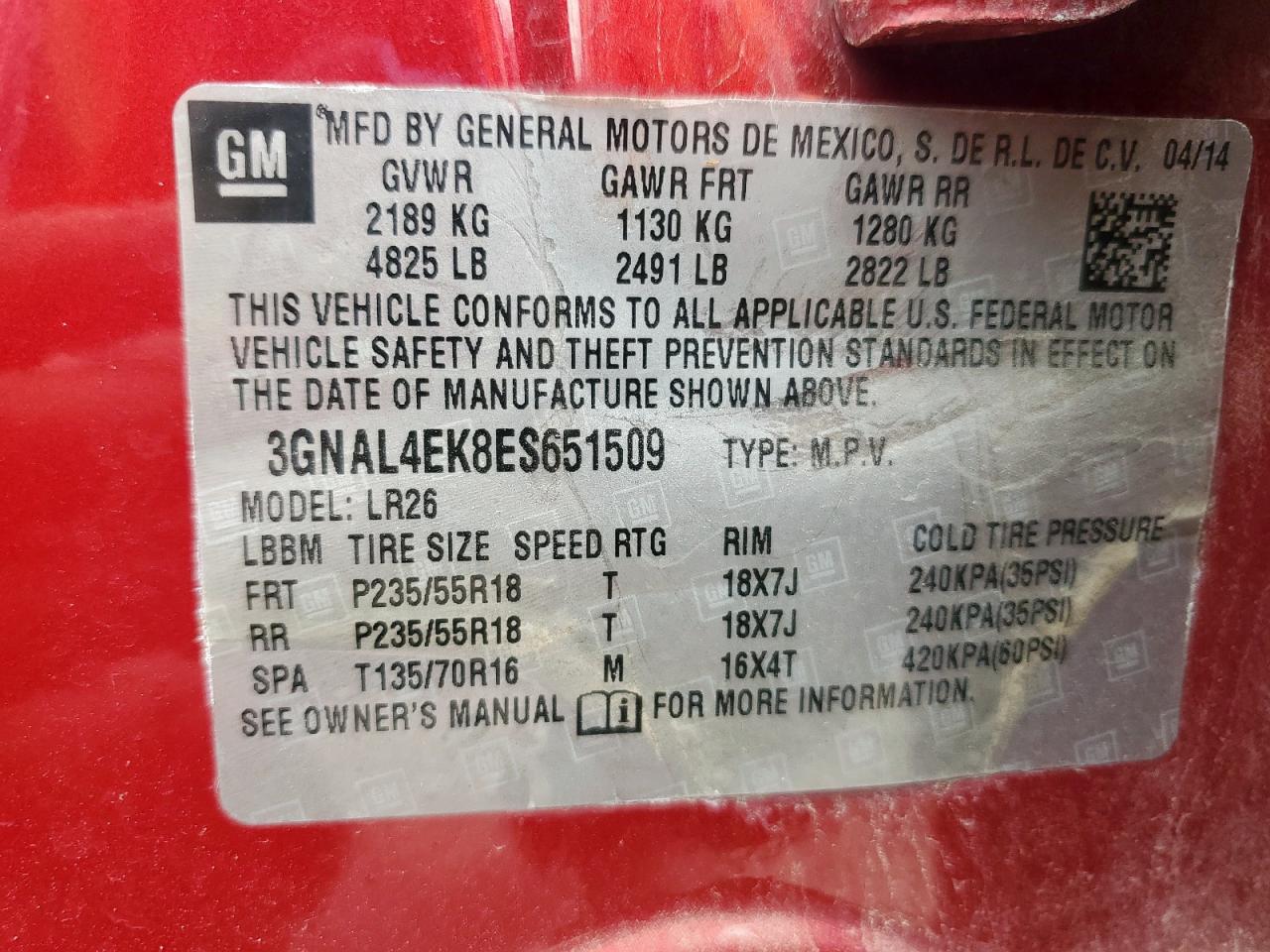 2014 Chevrolet Captiva Ltz VIN: 3GNAL4EK8ES651509 Lot: 58993995