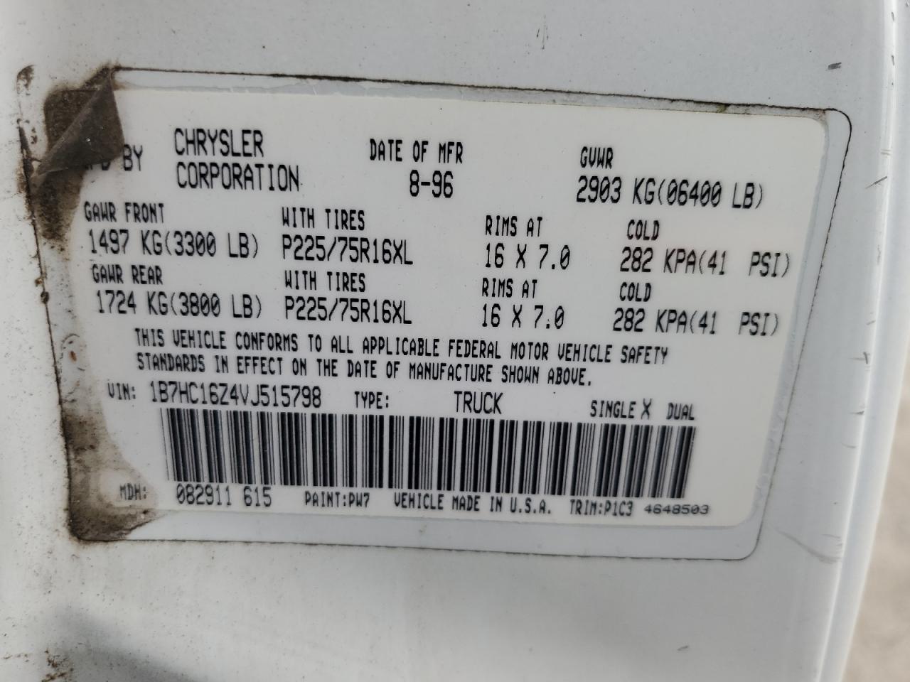 1997 Dodge Ram 1500 VIN: 1B7HC16Z4VJ515798 Lot: 56578535