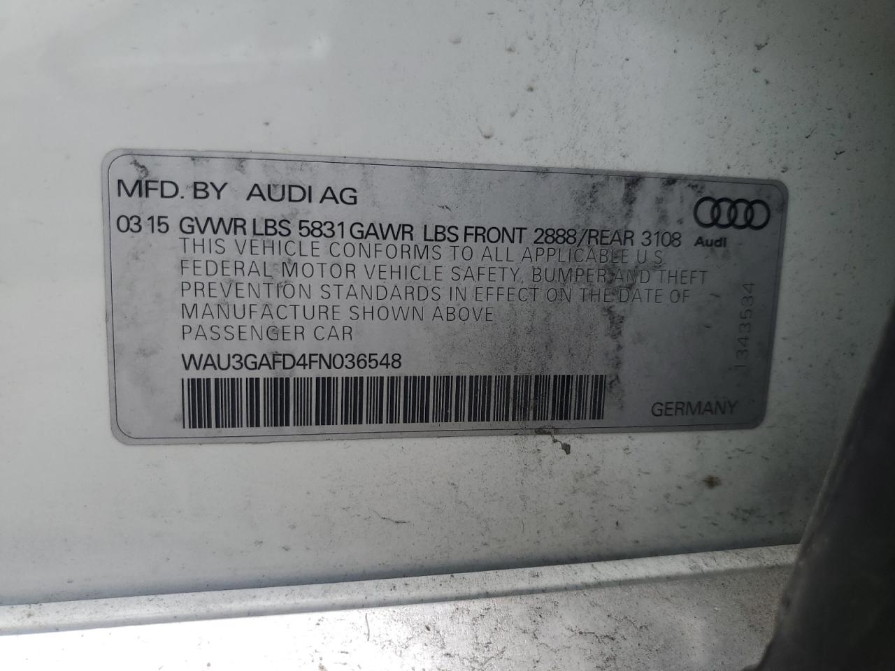 2015 Audi A8 L Quattro VIN: WAU3GAFD4FN036548 Lot: 58772635