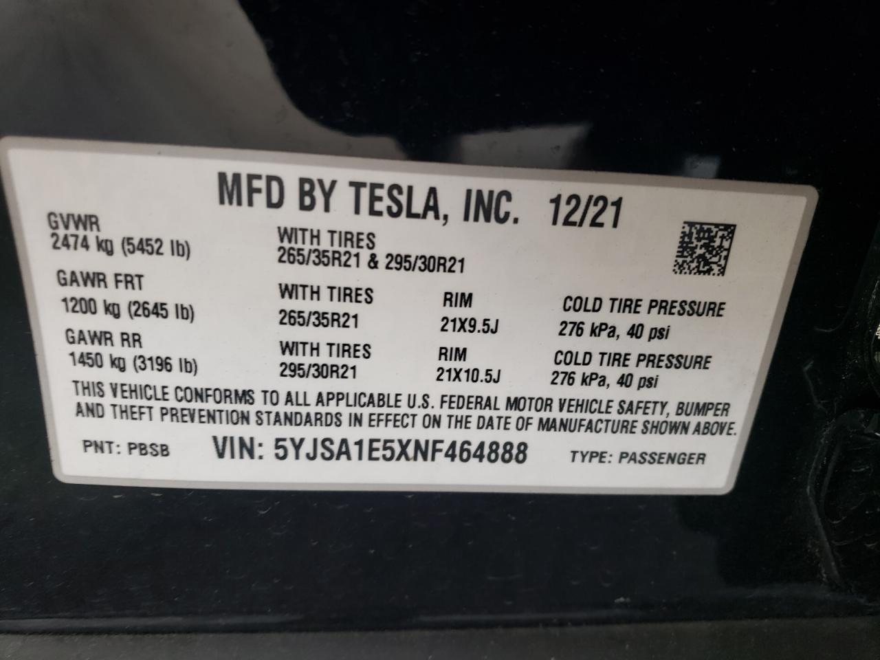 2022 Tesla Model S VIN: 5YJSA1E5XNF464888 Lot: 56556145