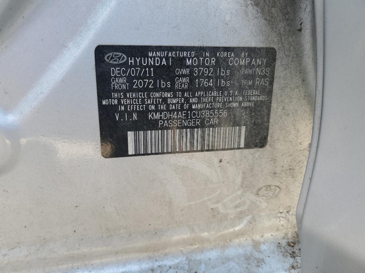 2012 Hyundai Elantra Gls VIN: KMHDH4AE1CU385556 Lot: 58581995