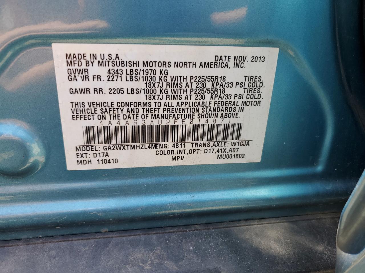 2014 Mitsubishi Outlander Sport Es VIN: 4A4AR3AU2EE014871 Lot: 56558895