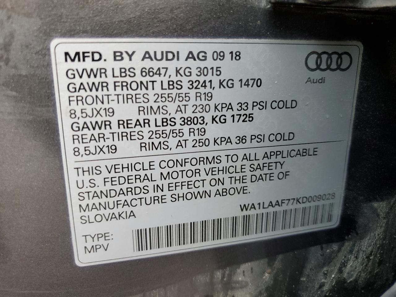 2019 Audi Q7 Premium Plus VIN: WA1LAAF77KD009028 Lot: 56786005